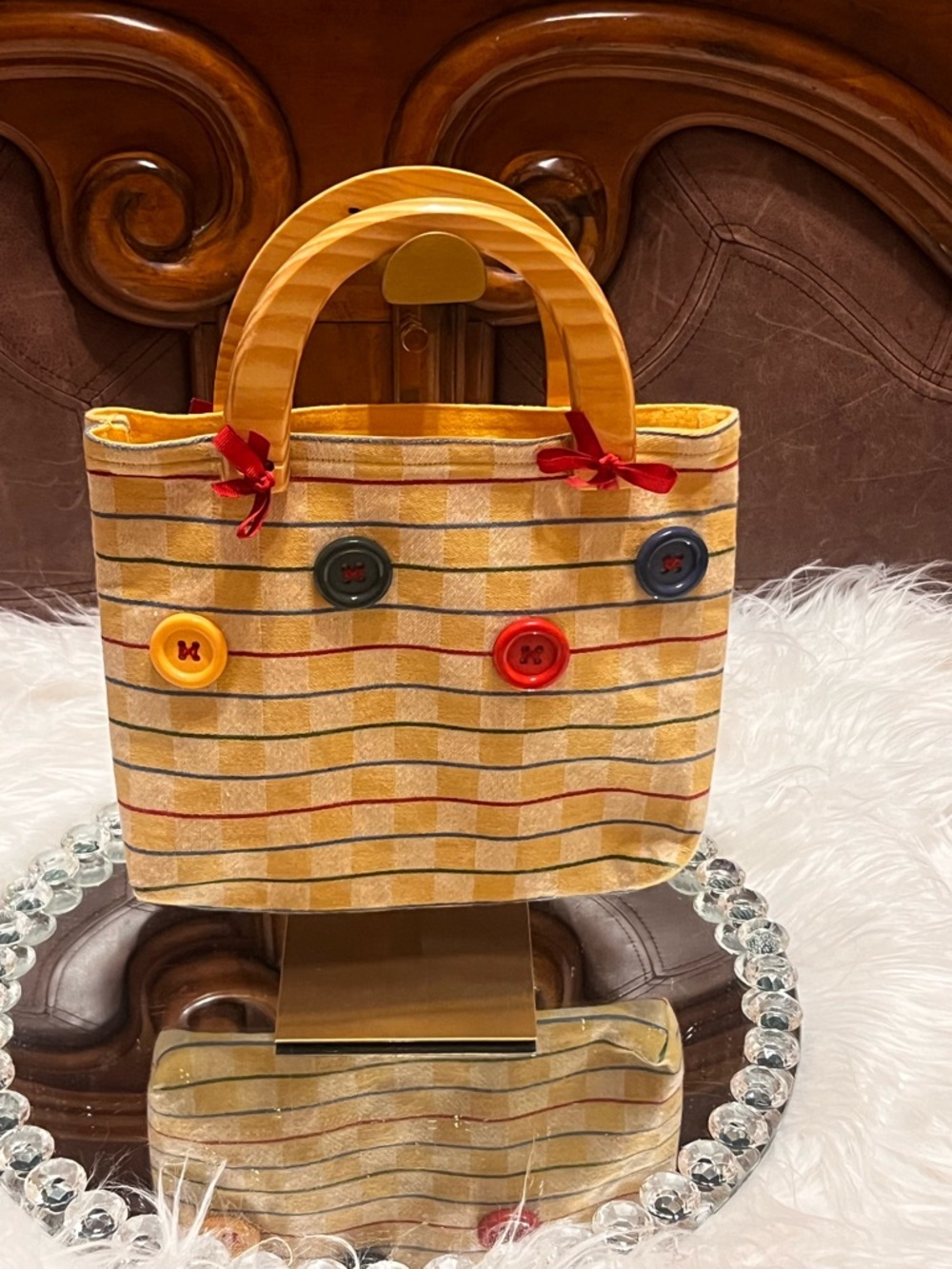 Handmade Yellow Striped Button Accent Tote Handbag - Picture 1 of 8